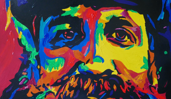 Colourful painting of a man's face up close.