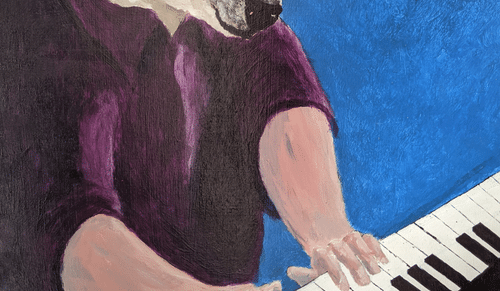 A painting of a half polar bear, half human playing the piano.
