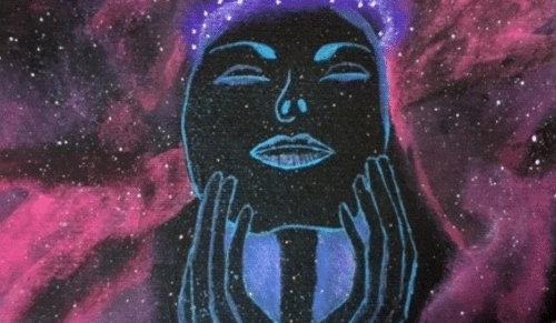 Drawing of someone holding their face with galaxies behind them.