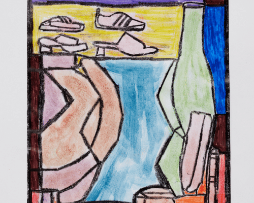 A colourful painting of shoes.