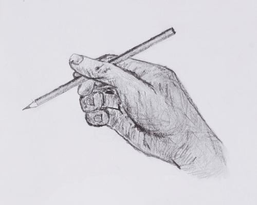 A photo of a drawing of a hand holding a pencil.