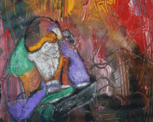 A colourful painting of a person crouched in a corner.