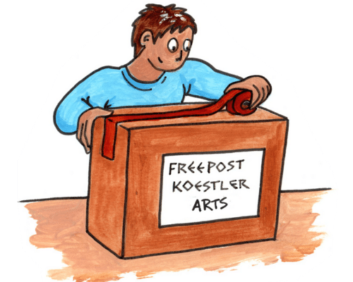 A drawing of a cartoon person taping up a box that says 'Freepost Koestler Arts'.
