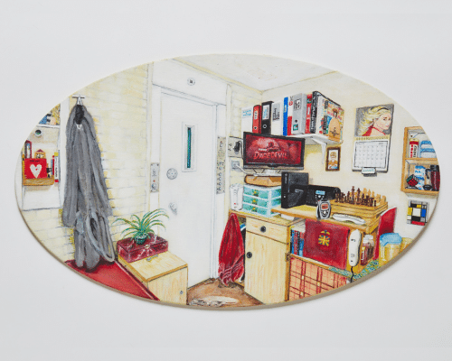 A photo of an oval painting of a front room.
