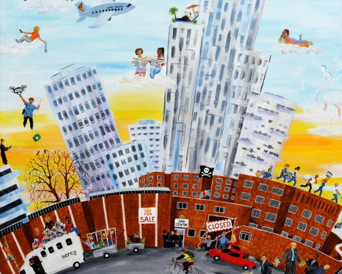 A painting of a city landscape filled with buildings, skyscrapers and people floating on clouds.