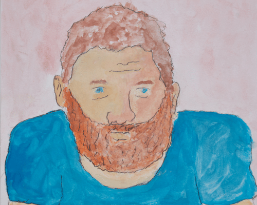 A watercolour painting of a headshot of a man with a ginger beard.