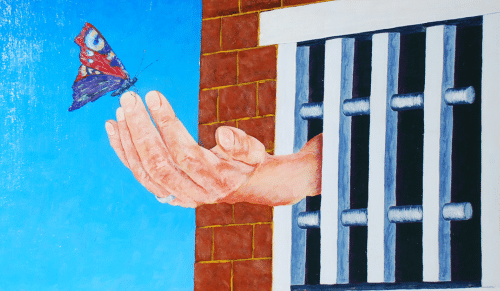 A painting of a hand reaching out of jail cell bars to a butterfly who has landed on their finger.
