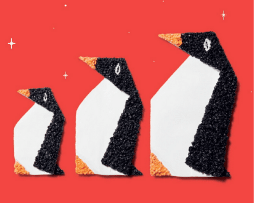 A textured painting of three penguins ascending in size.