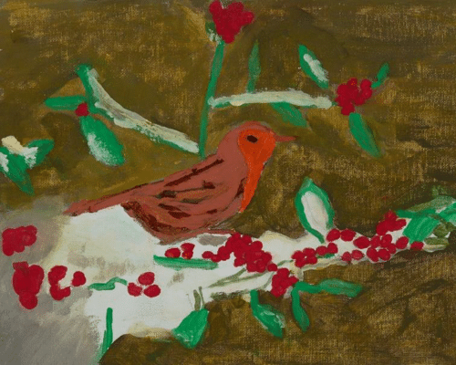 A painting of a robin on a snow covered branch.