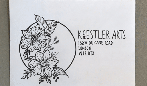 A picture of a piece of paper with drawings of flowers on it with the writing Koestler Arts and the Koestler Arts London address on it.