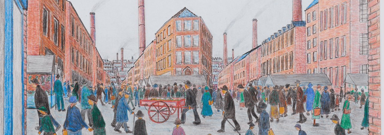 A drawing of a factory in the 1800-1900s with lots of people gathering in front of it.