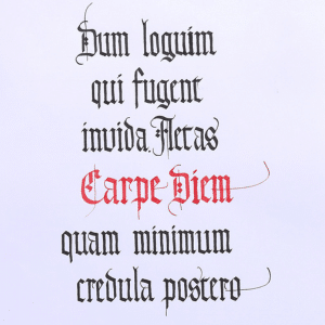 Calligraphy in latin, written in black and red ink.
