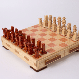 Matchstick chess set with figures in natural tone and red-brown.