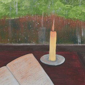 Painting of desk with lit candle and open book or diary with text, facing a window with a rainy mountain scene.