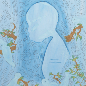 Painting of figure in pale blue surrounded by words.