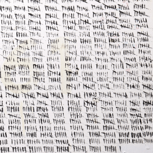 Tallies in groups of 10 painted in black on white background.