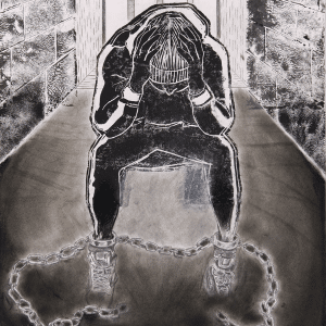 Black and white depiction of seated man in chains with head in hands.