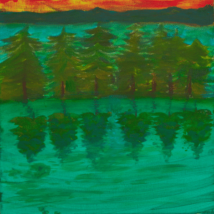 Green painting of trees and their reflection on water or shadows on grass.