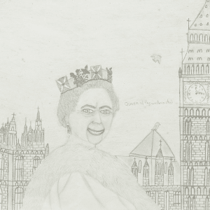 Pencil drawing on paper of the late Queen Elizabeth II with Westminster in the background.