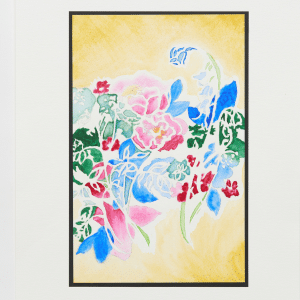 Painting of colourful flowers on yellow background with black frame.