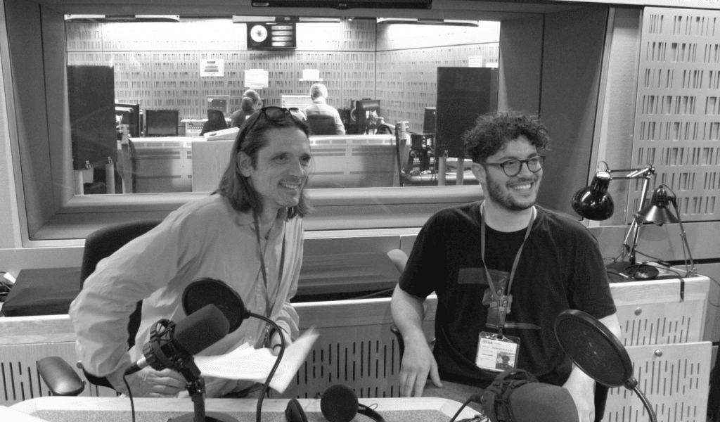 Jeremy Deller and John Costi at the BBC studios in 2019 recording the Koestler Arts Radio 4 Charity Appeal